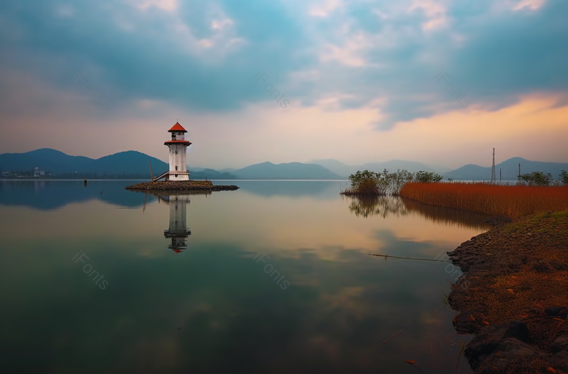 傍晚水中灯塔天空摄影图,高清,摄影图,摄影图片,图片大全,摄影图免费下载
